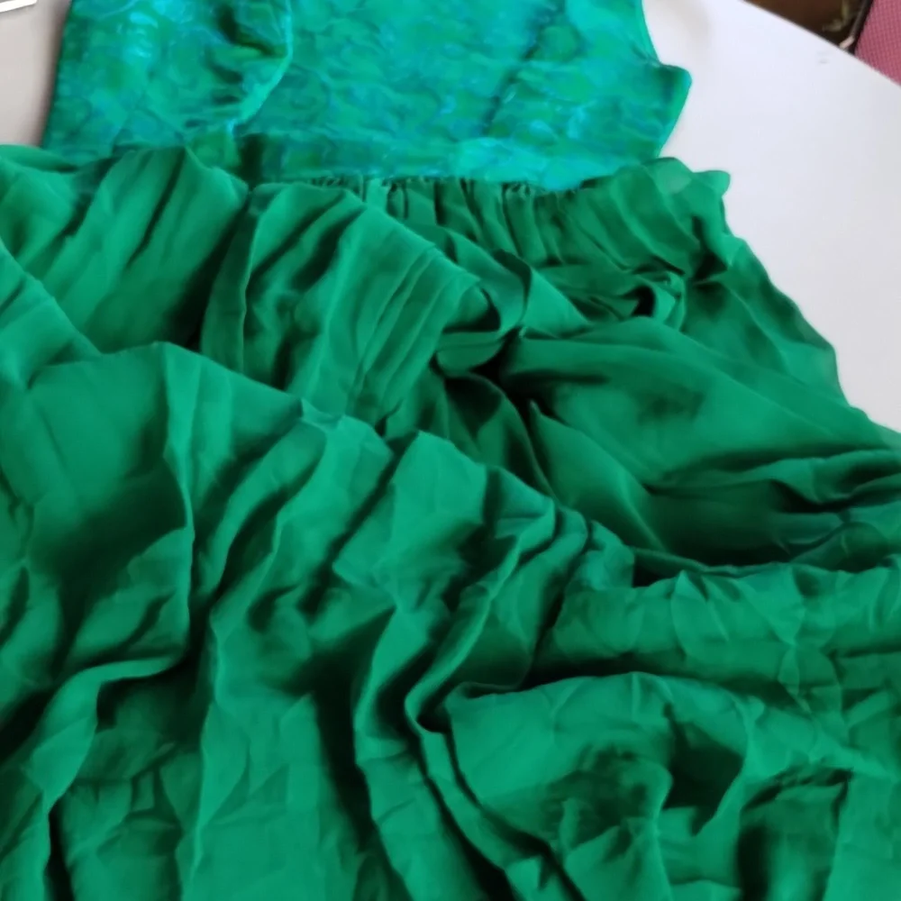 Elegant Floral Embroidered Green Sleeveless Dress Pleated Vibrant Colorful Chic - Picture 11 of 11